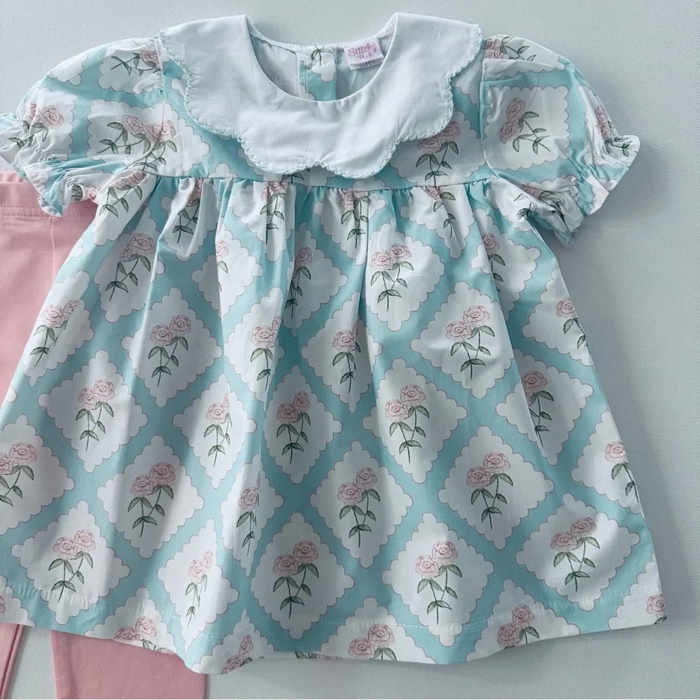 Stitchy Fish 2T Toddler Girl Blue Floral Top & Pink Leggings Set Outfit